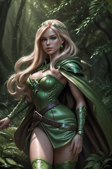 an oil painting of Barbie as fantasy ranger, ultra detailed face, ultra feminine, wearing green cloak, in  a forest, D&D art, RPG art, ultra best realistic, best details, best quality, 16k, [ultra detailed], masterpiece, best quality, (extremely detailed),...