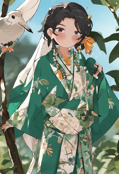 China-style，Little kingfisher，The feathers are embellished with a pattern of small plane tree leaves，Wear a green eco-friendly cloak and bandana。