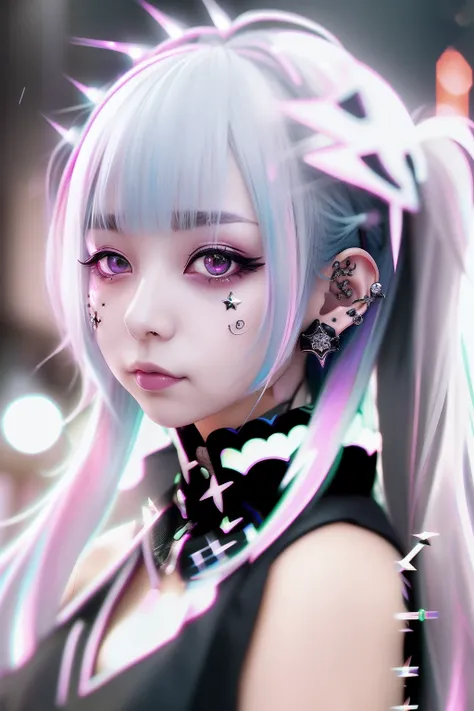 A dark-haired、black hair、🏴‍☠️、skull、☠️、Green hair color、❤️、Pink hair、blue hairs、Colorful Hair Color、goth_punk, 1girl in, 独奏, medium shot, Walking in Harajuku, ((during night)), bokeh dof, Neon light, Iridescent eyes, starrysky, White shiny hair, White eyeb...