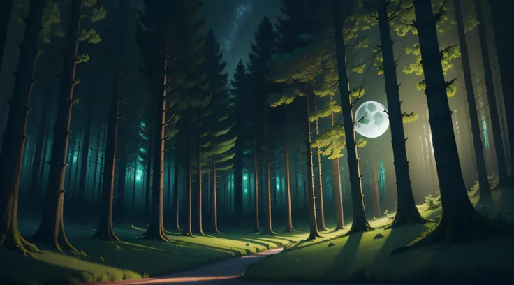 a close up of a green full moon in a forest, forest and moon, deep forest in the night, fantasy forest landscape, moonlit forest environment, dense lush forest at night, night in the forest, moonlit night dreamy atmosphere, magical forest backround, night ...