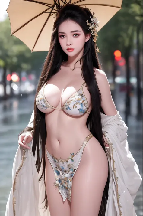 ((Best Quality, 8k, Masterpiece: 1.3)), Focus: 1.2, Perfect Body Beauty: 1.4, Buttocks: 1.2, ((Layered Haircut)), (Wet Clothes: 1.1), (Rain, Street:1.3), (Breasts: 1.2), (Hanfu: 1.2), Bare Shoulders, Bare Legs, Highly Detailed Face and Skin Texture, Fine E...