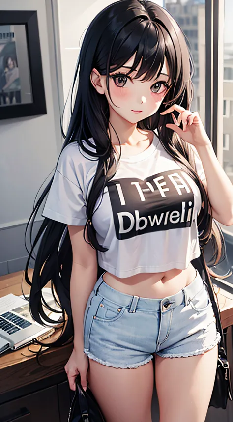 1girl, black hair, long hair, white tshirt, hot pants