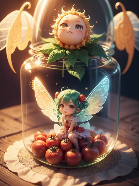 chibi, kawaii, tiny, Little fairy in a large glass jar, Lined mini tomatoes, Inside the glass jar is a pile of mini tomatoes, (Wearing fairy wings of sun material:1.5), pare Green hair, Red Eyes, topknot, Tomato hair ornament, Highly detailed drawings. Viv...