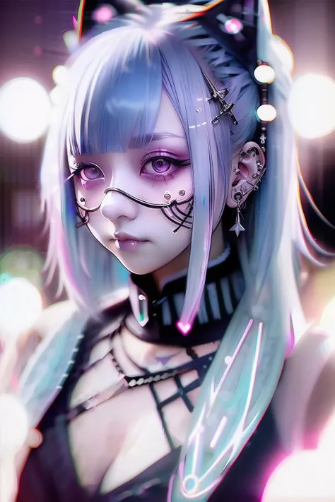 head phone、🎧、A dark-haired、Black hair、🏴‍☠️、skull、☠️、Green hair color、❤️、Pink hair、blue hairs、Colorful Hair Color、goth_punk, 1girl in, 独奏, medium shot, Walking in Harajuku, ((during night)), bokeh dof, Neon light, Iridescent eyes, starrysky, White shiny hai...