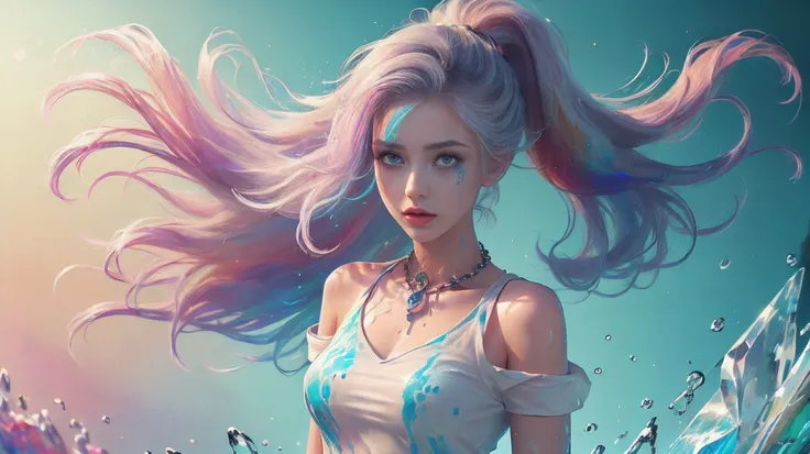 （pink fashion t-shirt：1.9），(colorful hair: 1.8), (all the colours of the rainbow: 1.8),(((((vertical painting：1.6))), （painting：...