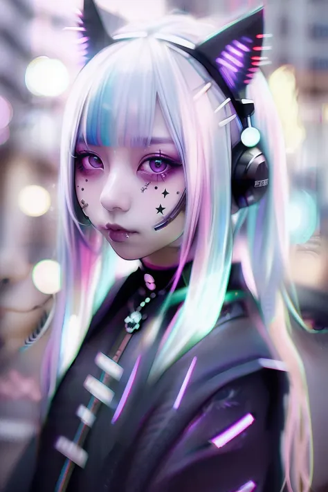 head phone、🎧、A dark-haired、Black hair、🏴‍☠️、skull、☠️、Green hair color、❤️、Pink hair、blue hairs、Colorful Hair Color、goth_punk, 1girl in, 独奏, medium shot, Walking in Harajuku, ((during night)), bokeh dof, Neon light, Iridescent eyes, starrysky, White shiny hai...