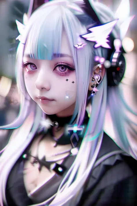 head phone、🎧、A dark-haired、Black hair、🏴‍☠️、skull、☠️、Green hair color、❤️、Pink hair、blue hairs、Colorful Hair Color、goth_punk, 1girl in, 独奏, medium shot, Walking in Harajuku, ((during night)), bokeh dof, Neon light, Iridescent eyes, starrysky, White shiny hai...