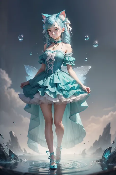 Full body View, Character design, subculture, Short skirt, Secondary character, a turquoise gradient Lolita dress, Cat eyes, braided hair, water magic, lace edge, bow, floral, fairy, pendant, ribbon, metallic, layered, ruffled, gorgeous, exquisite, cute, d...