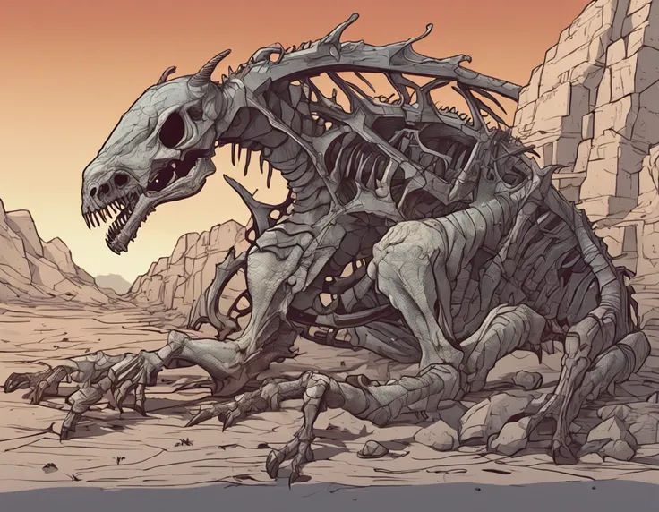 A gigantic dead dragon skeleton lying on the ground of a flat terrain