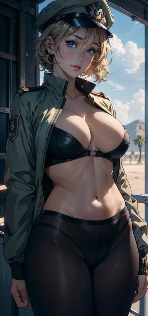 1female，35yo，plumw，extremely large bosom， 独奏，（Background with：A desert，aerodrome，Planes） She has very short blonde hair，bobo head，Stand on the plane，，seen from the front， curlies， mostly cloudy sky，（（（tmasterpiece），（Very detailed CG unity 8K wallpaper），bes...