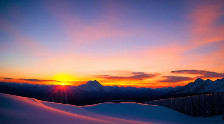 Sunset over snowy mountains