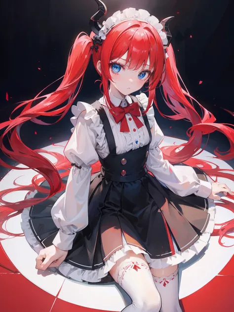 red hair,blue eyes,twintails,maid, long hair, long sleeves, gothic, solo, loli,Short skirt, white stockings,{{best quality}}, {{masterpiece}}, {{ultra-detailed}}, {illustration}, {detailed light}, {an extremely delicate and beautiful},little girl,cute,drag...