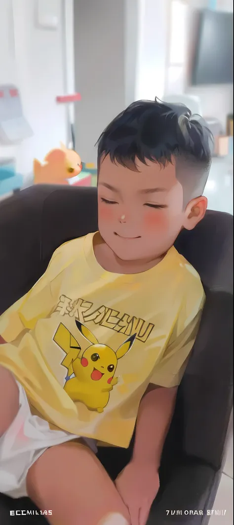 An Asian boy from Alafede sits in a chair，Wearing a yellow shirt, 2 years old, sonichu, Pikachu, 4 year old, coloured photo, Four years old, yanjun cheng, wearing a modern yellow tshirt, nivanh chanthara, kid, riyahd cassiem, 5 years old, taken with sony a...