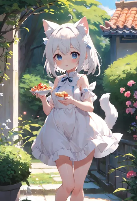 No arm decoration required，Anime cat ear girl standing in garden in white dress, Loli in dress eats breakfast, small curvaceous loli, Guviz-style artwork, Guweiz in Pixiv ArtStation, Guweiz on ArtStation Pixiv, Guviz, small loli girl, Soft anime illustrati...