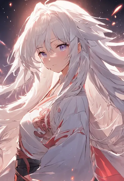 long  white hair，China-style，period costume，The sword，Faraway view，full bodyesbian，animemanga girl，Facial detailed，Cute expressions，Moon