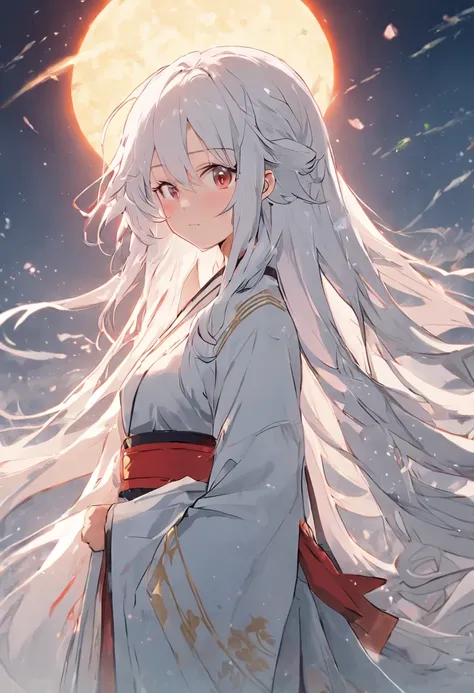 long  white hair，China-style，period costume，The sword，Faraway view，full bodyesbian，animemanga girl，Facial detailed，Cute expressions，Moon