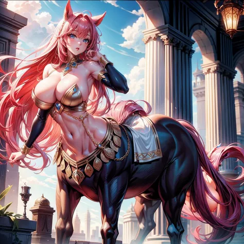 centaur horse，Beautuful Women，huge tit，nakeness， and wear no underwear，Cover your breasts，Long legs，Large viewing angle，wide angles，God perspective，large scene