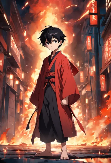 tmasterpiece，best qualtiy，cinematic Film still from，1boy，full bodyesbian，Side Body，brightly，（Spark 0.7），Black-haired boy ，looking toward the viewer，Fire red robe，Red pupils