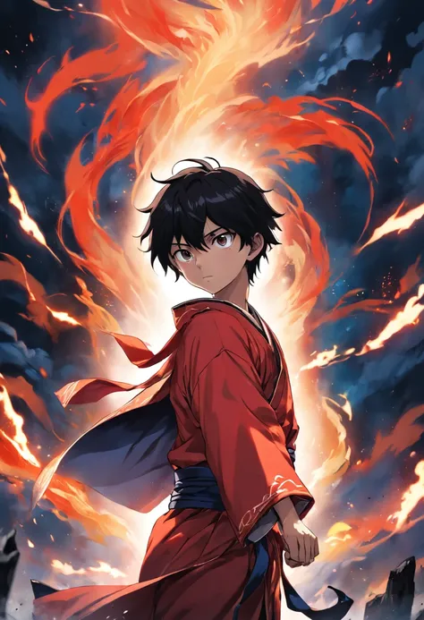 tmasterpiece，best qualtiy，cinematic Film still from，1boy，full bodyesbian，Side Body，brightly，（Spark 0.7），Black-haired boy ，looking toward the viewer，Fire red robe，Red pupils