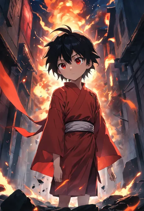 tmasterpiece，best qualtiy，cinematic Film still from，1boy，full bodyesbian，Side Body，brightly，（Spark 0.7），Black-haired boy ，looking toward the viewer，Fire red robe，Red pupils