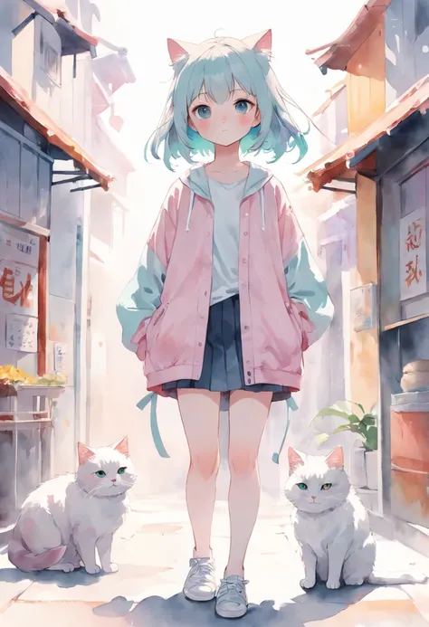 cat, fullbody,1 girl,
(pastel color:1.5),(cute illustration:1.5),(watercolor:1.2),white back ground,