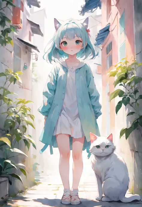 cat, fullbody,1 girl,
(pastel color:1.5),(cute illustration:1.5),(watercolor:1.2),white back ground,