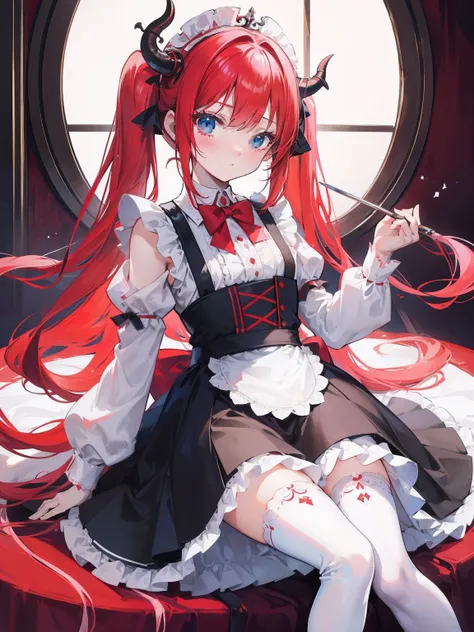 red hair,blue eyes,twintails,maid, long hair, long sleeves, gothic, solo, loli,Short skirt, white stockings,{{best quality}}, {{masterpiece}}, {{ultra-detailed}}, {illustration}, {detailed light}, {an extremely delicate and beautiful},little girl,cute,drag...