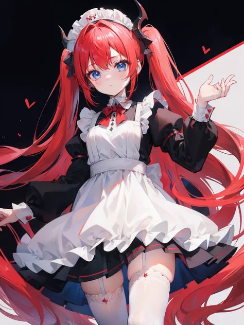 red hair,blue eyes,twintails,maid, long hair, long sleeves, gothic, solo, loli,Short skirt, white stockings,{{best quality}}, {{masterpiece}}, {{ultra-detailed}}, {illustration}, {detailed light}, {an extremely delicate and beautiful},little girl,cute,drag...