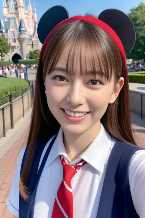 high resolution, RAW photo, photorealistic, (best quality, 8k, 32k, masterpiece, UHD:1.2), Photo of Pretty Hungarian model, 1girl, solo, school uniform with red necktie, (selfie:1.3), skinny, medium hair, upper teeth, happy smile, mickey mouse headband wit...