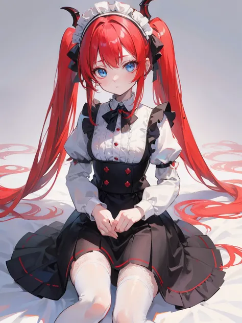 red hair,blue eyes,twintails,maid, long hair, long sleeves, gothic, solo, loli,Short skirt, white stockings,{{best quality}}, {{masterpiece}}, {{ultra-detailed}}, {illustration}, {detailed light}, {an extremely delicate and beautiful},little girl,cute,drag...