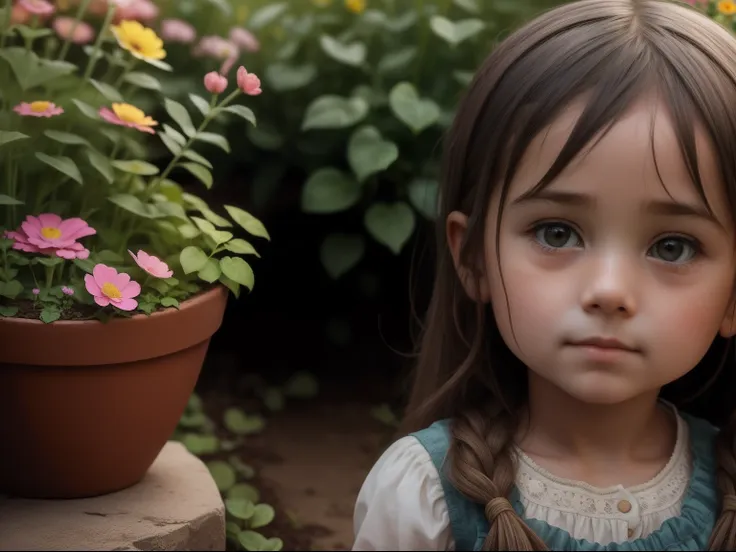 the little girl is wandering in the garden, sweet faces, face the lens, , flower pots,rivulets, k hd, depicted delicately..