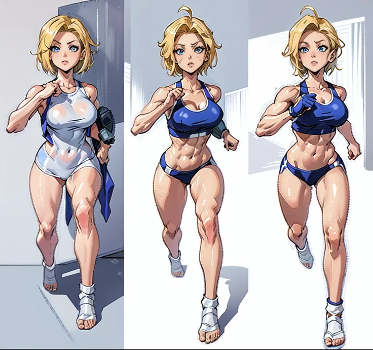 a set of different poses of a same character, character with a bunch of different poses, sprite sheet, characters 8k symmetrical, anime girl figures, spritesheet, sprite sheet walk cycle, 2 d sprite, sprite 2 d, dancing character, blond hair, blond short h...