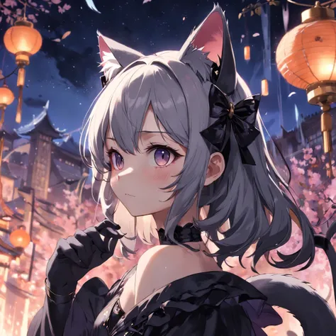 A cat lady with black cat ears，Wear cute costumes that，intricately details, 4K 分辨率