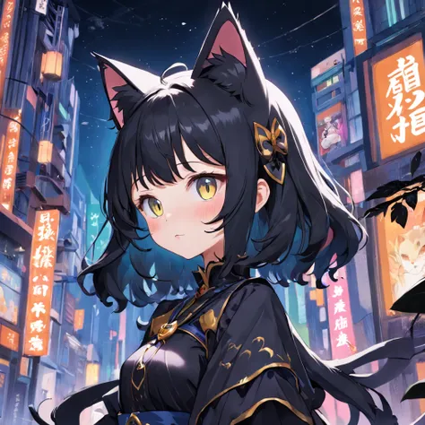 A cat lady with black cat ears，Wear cute costumes that，intricately details, 4K 分辨率