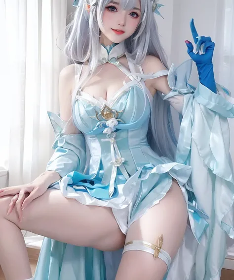 Close-up of a woman in a blue dress sitting on a table, Anime girl cosplay, Anime goddess, Anime cosplay, elegant glamourous cosplay, cosplay, beautiful and seductive anime woman, seductive anime girls, Gorgeous Role Play, anime figure; Full-body art, cosp...