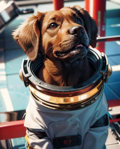 Light chocolate labrador in a space suit, cosmo /(marvel/), blurred background, bright colors, soft contours, radiance,