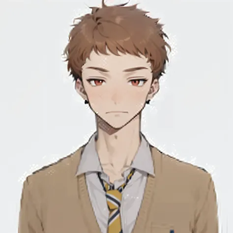 Reddish-brown hair, Red eyes，Two-dimensional male high school student with fair skin，Black round stud earrings，slight scowl