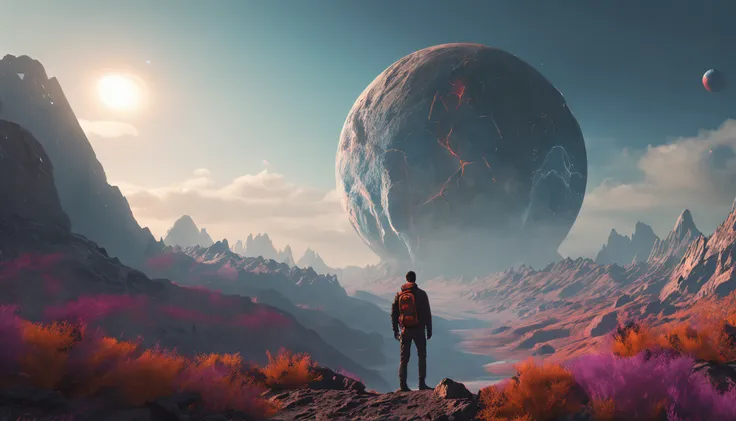 arafed view of a man standing on a rocky mountain with a planet in the background, concept art wallpaper 4k, 4k highly detailed digital art, 8k hd wallpaper digital art, hq 4k phone wallpaper, 8k stunning artwork, wallpaper 4 k, wallpaper 4k, artgem and be...