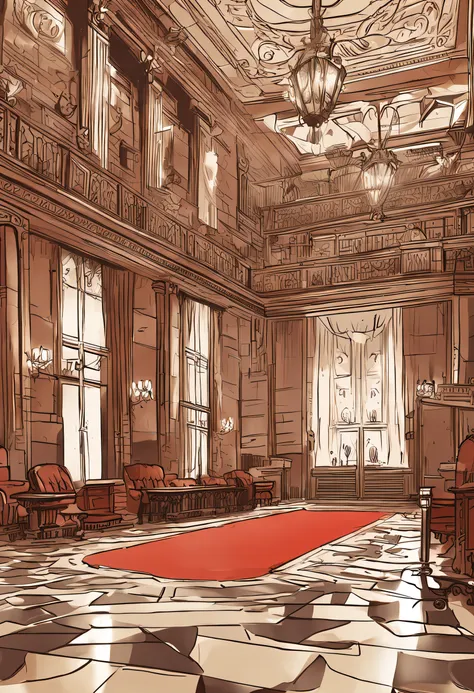 palaces，court room，The sheriff approves the documents，White-blond curls，feather quill，Long red carpet，Stately atmosphere，High quality paintings