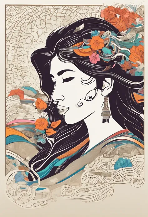 (White background:1.4),(Silhouette of a girls head, Eyes closed, colorfull long hair, Oriental elements)，(Chinese illustration:1.3，paper art:1.3, Quilted paper art:1.2),( reasonable design, Clear lines, High sharpness,Best quality, Very detailed, Masterpie...