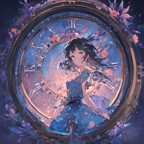 Western vintage dial，There is texture，The overall color is blue，The perimeter of the dial is wrapped in flowers，Its Iris，Very romantic，There should be a logo on the top of the dial，Called "Oops"，Background: None，The overall color is blue-purple，anime big b...