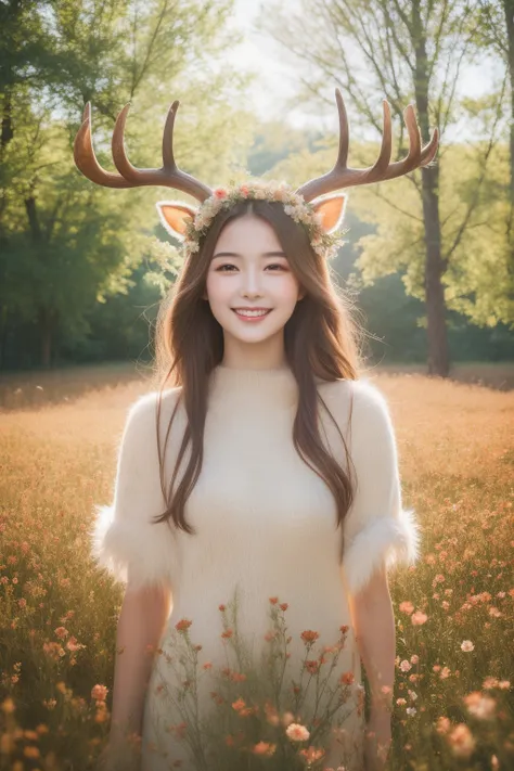 Best quality, masterpiece, ultra high res, (photorealistic:1.4), raw photo, 1girl,  blossom  flower field, glowing skin, light smile，deer costume,antlers,soft brown fur,graceful,nature-themed gathering,