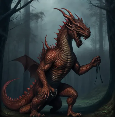 A large dragon, standing in a forrest with an erection, knotted , feral, wild animal, knotted , red , precum dripping, , naked animal, red dragon, , big , dragon , scaly, feral , dog , animal , precum