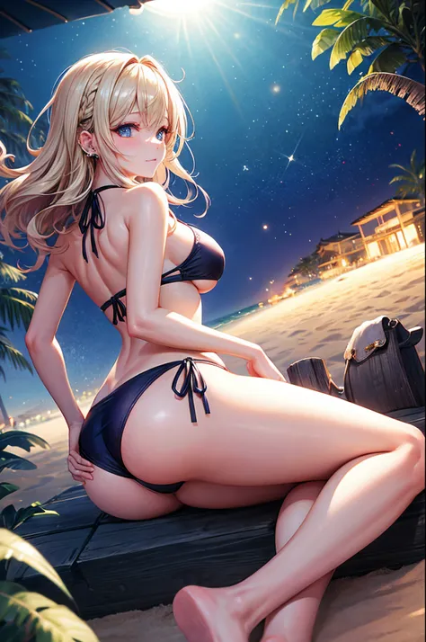 realisitic、top-quality、女の子 1 人、25-years old、Light colored hair、piercings、Shy face、Fancy Bikini、beautiful boob 、sexypose、s ass、night sandy beach、Particles of light、profetional lighting、blue open sky