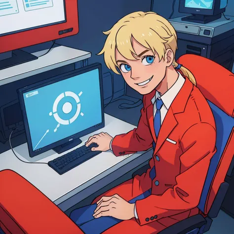 One man sitting on a chair,Smiling,Blue eyes,a blond,Short ponytail,Red suit,Im using a computer, Being in a room that makes you feel sci-fi.