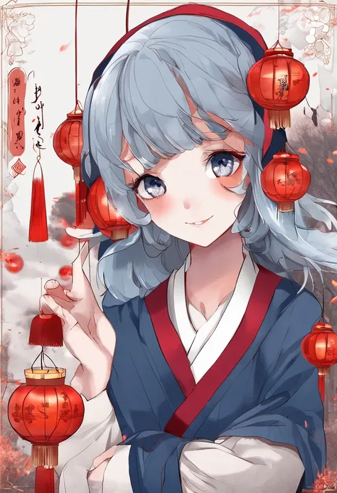 Aika：Lantern Festival，element in：1girll，Red lantern，blue color eyes，boisterous，orthofacial：0.85，Sympathy：0.9，Freshness，Be curious about new things，Blue hoodie，White clothes underneath，ambiente dark：0.8，detailedbackground：0.5，Long white hair fluttering，The ...