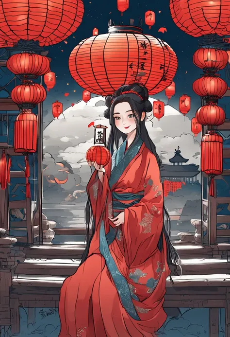 Aika：Lantern Festival，element in：1girll，Red lantern，blue color eyes，boisterous，orthofacial：0.85，Sympathy：0.9，Freshness，Be curious about new things，Blue hoodie，White clothes underneath，ambiente dark：0.8，detailedbackground：0.5，Long white hair fluttering，The ...