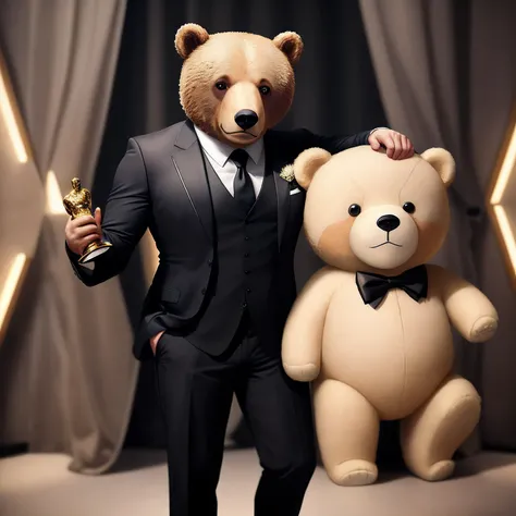 A bear in suits with an oscar award on hand