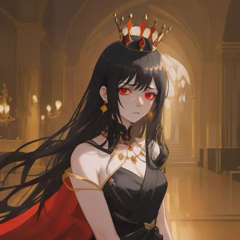 Fenale with red eyes with black fancy dress and black wrap crown. Upset expression. Royal hall background. Black hair. Long hair with bangs.