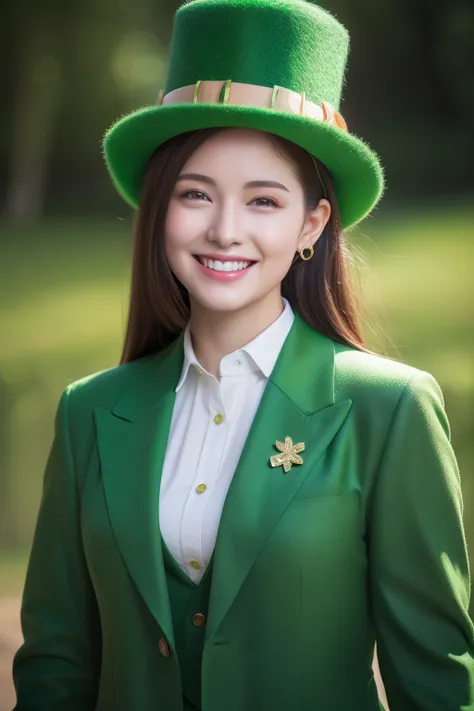 Best quality, masterpiece, ultra high res, (photorealistic:1.4), raw photo, 1girl, glowing skin, light smile，leprechaun costume,green suit,top hat,St. Patricks Day celebration,